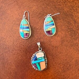 Multicolor Inlay Earrings and Pendant Set